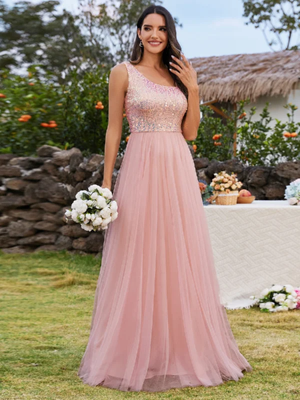 Trend Alert Maxi Long Sequin One Shoulder Tulle Wholesale Bridesmaid Dress