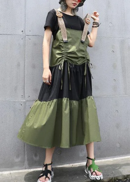 Chic Style Simple army green sleeveless cotton Long Shirts drawstring Robe summer Dress