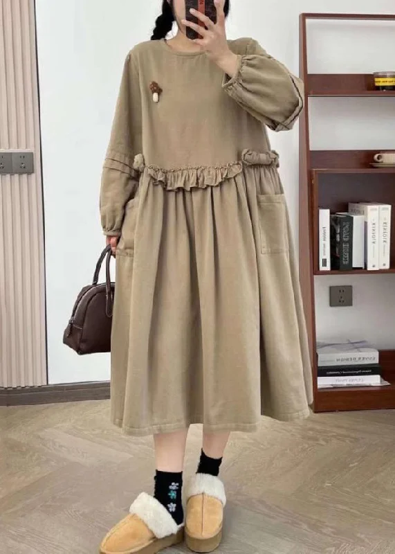 Lighten Up With Nordic Styles Khaki Wrinkled Cotton Long Dress O Neck Long Sleeve