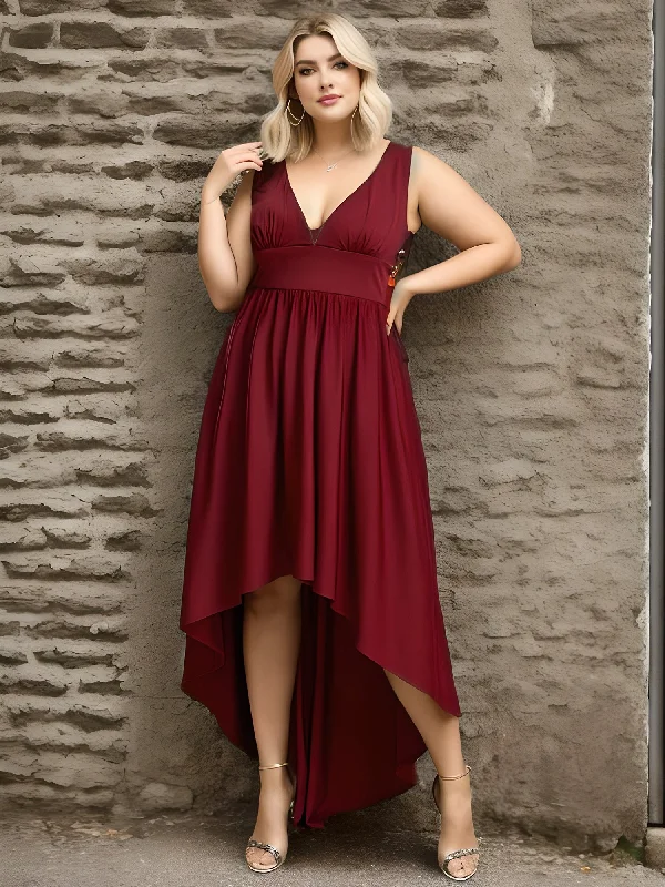 Huge Savings On Parisian Styles Plus High Low Deep V Neck Sleeveless Wholesale Bridesmaid Dresses