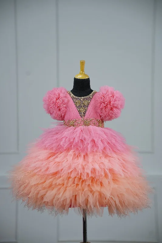 First Order Discount Pre-Order:  Flamingo Pink And Light Peach Feather Frilled Gown With Rich Golden Bead Work Gown