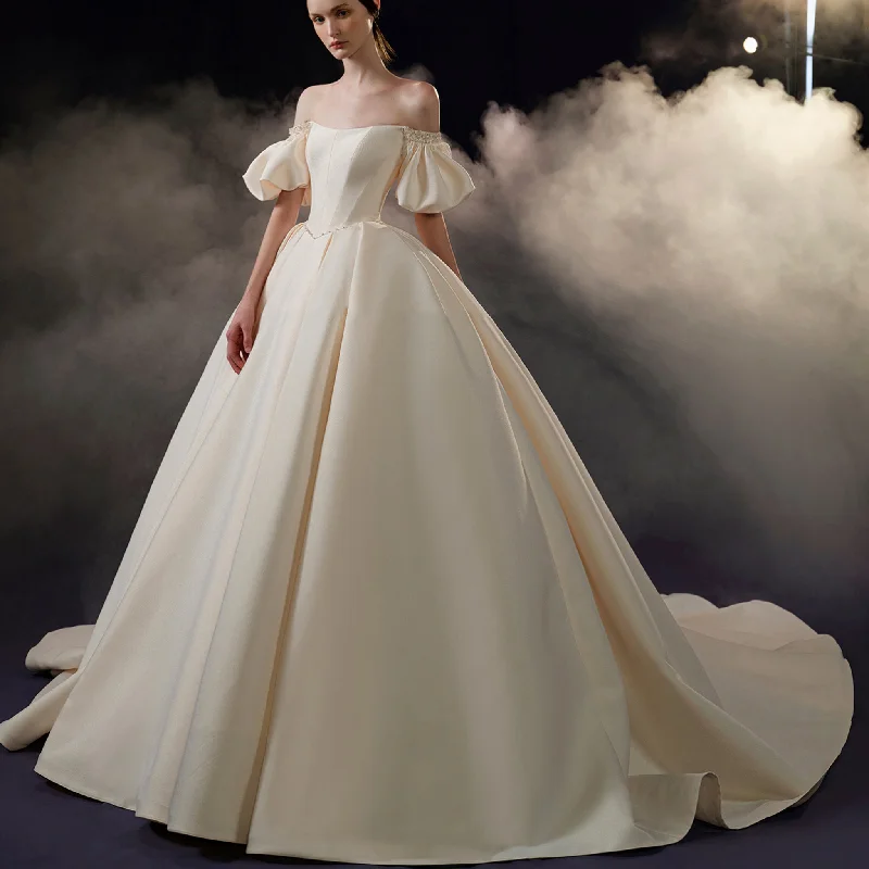 Clearance Event Off Shoulder Champagne Satin Wedding Dress with Short Sleeve