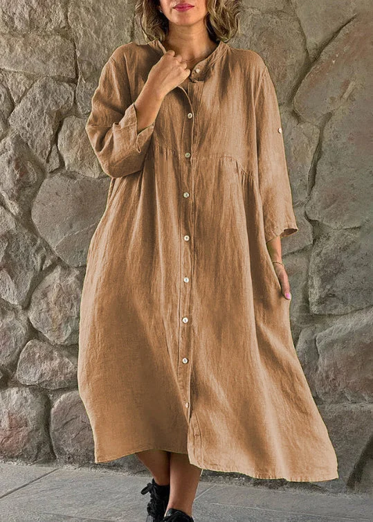 Cottagecore Rustic Charm Style Loose Brown Stand Collar Button Cotton Blouses Dress Long Sleeve