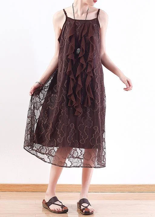 Limited Quantities Women chocolate Lace tunic top stylish pattern sleeveless A Line summer Dresses