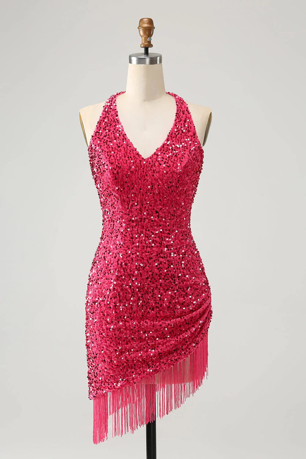 Cool Prices Amzcw Sparkly Fuchsia Bodycon Halter Sequin Short Homecoming Dress with Tassels