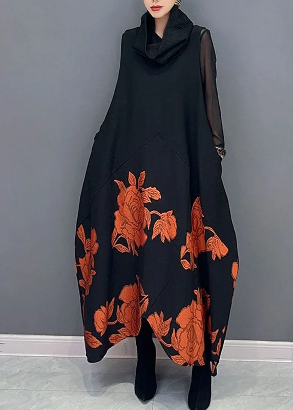 Spring Fashion Fine Black Patchwork Orange Turtleneck Print Tulle Patchwork Knit Long Dresses Long Sleeve