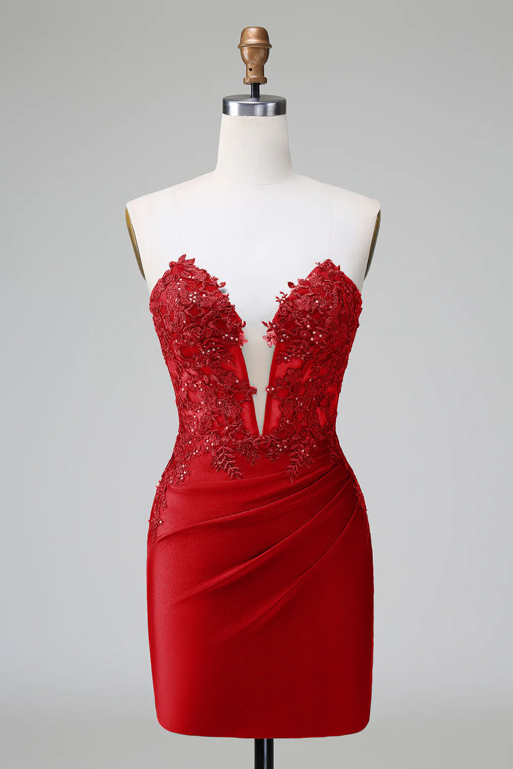 Latest Fashion Amzcw Classy Red Bodycon Strapless Pleated Short Homecoming Dress with Beading