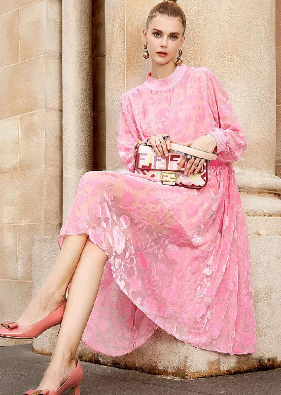 Stylish Looks Chic Pink O-Neck Embroidered Patchwork Wrinkled Silk Velour Long Dresses Long Sleeve