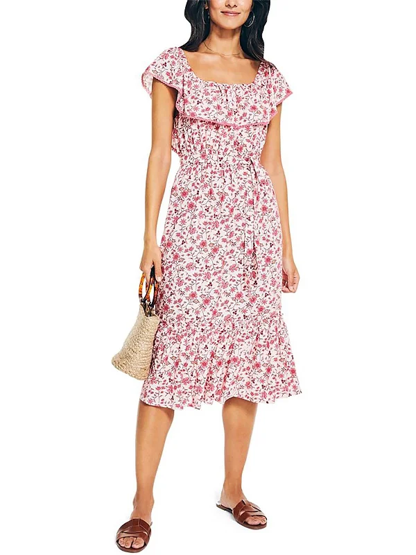 Limited Quantities Womens Floral Off-The-Shoulder Midi Dress