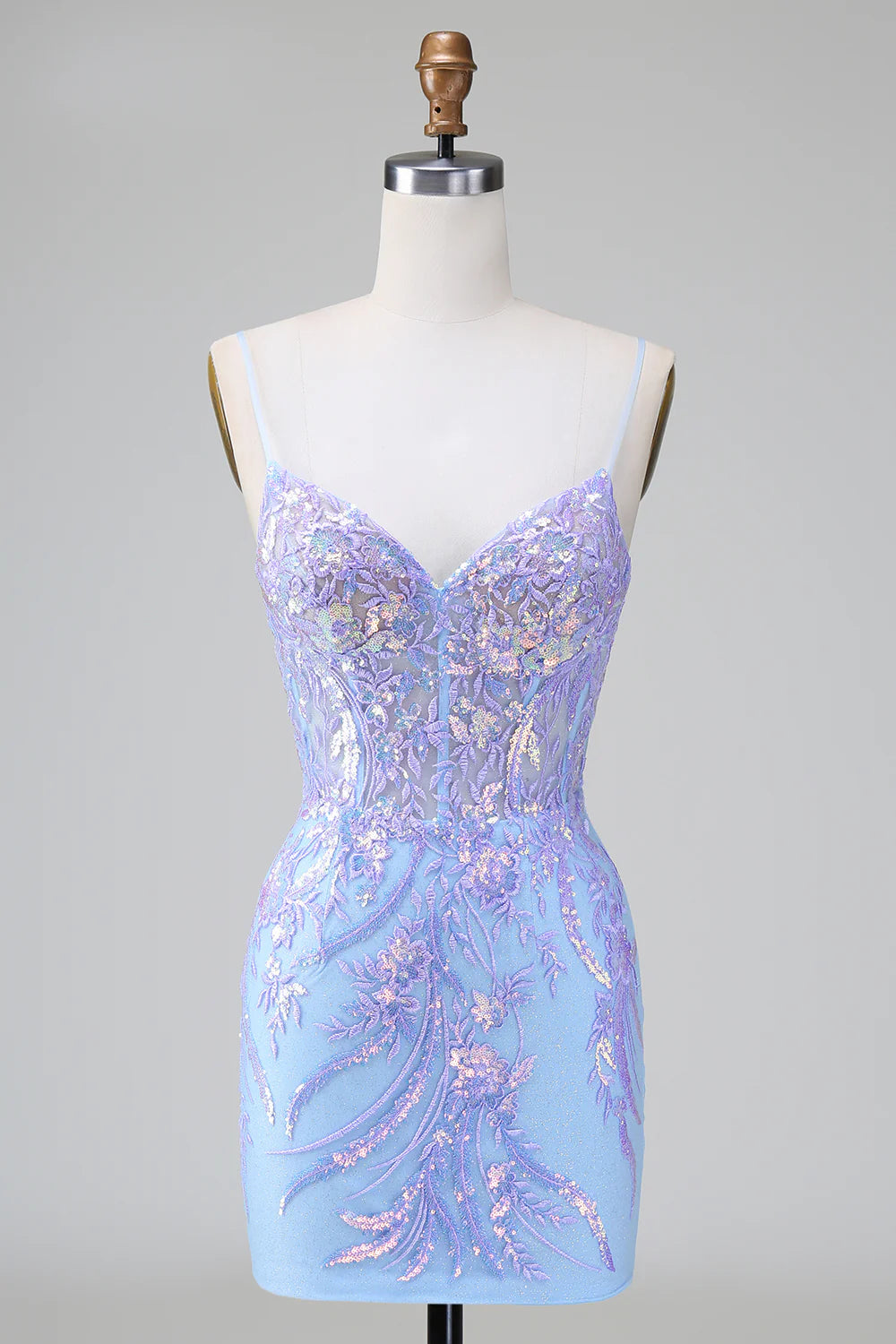 Style Upgrade Amzcw Sparkly Lilac Blue Bodycon Spaghetti Straps Corset Short Homecoming Dress with Sequins