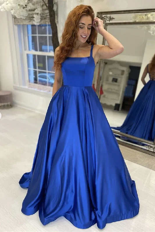 Holiday Sale Simple A Line Royal Blue Satin Long Prom Dress, Long Blue Formal Graduation Evening Dress Y225