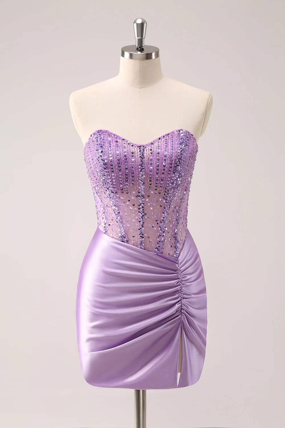 Spring Fling Sale Amzcw Sparkly Lilac Bodycon Strapless Sequins Ruched Short Homecoming Dress with Beading