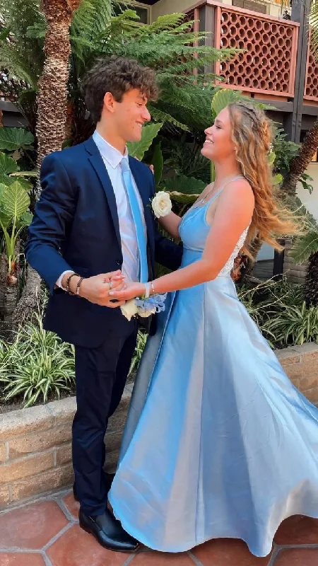 Elegant Style Classic A-line V Neck Blue Satin Long Prom Dress,Blue Graduation Dress Y4980