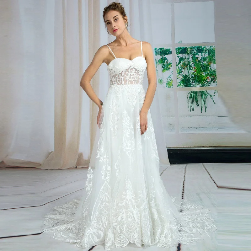 Trendy Styles Floral Lace Sheer Bodice Sheath Wedding Dresses with Spaghetti Straps