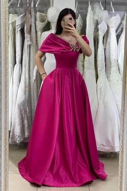 Big Savings On Rustic Countryside Styles Fuchsia Off The Shoulder Satin Long Sexy Prom Dress With Pocket Y5149