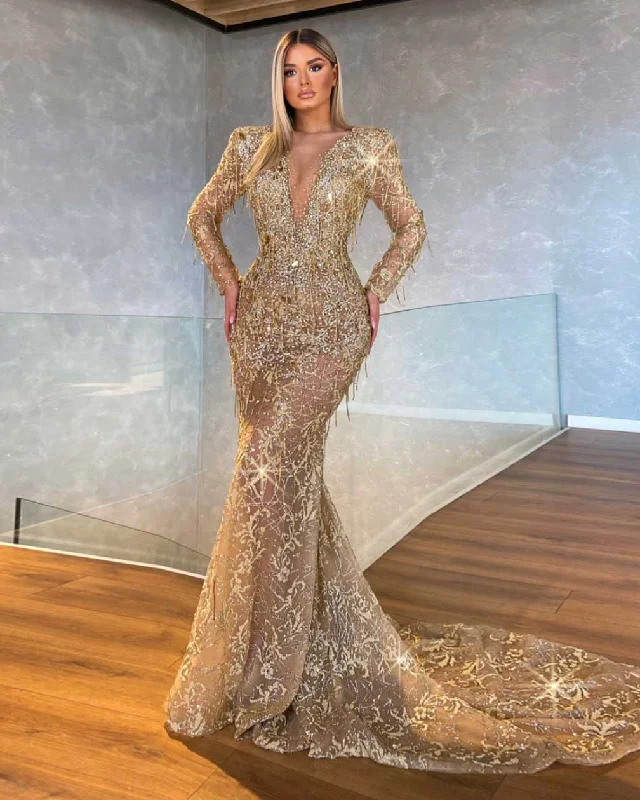 End Of Season Sale Long Sleeve Gold Mermaid Gown