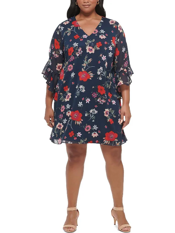 Trendy Styles Plus Womens Floral Bell Sleeve Mini Dress