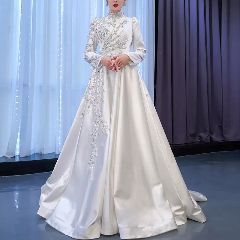 Fashion For Every Occasion High-end Elegant O-neck Satin Wedding Dress with Long Sleeve