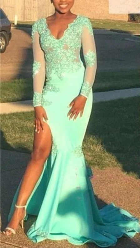 Seasonal Trends Custom Made New Mermaid Prom Dresses V Neck Mint Green Lace Long Sleeves Prom Dress High Split Evening Gowns  cg5538