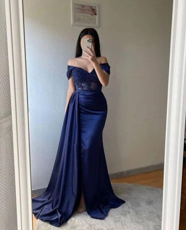 Limited Styles Mermaid Appliques Sheer Corset Satin Slit Prom Dress Y5729