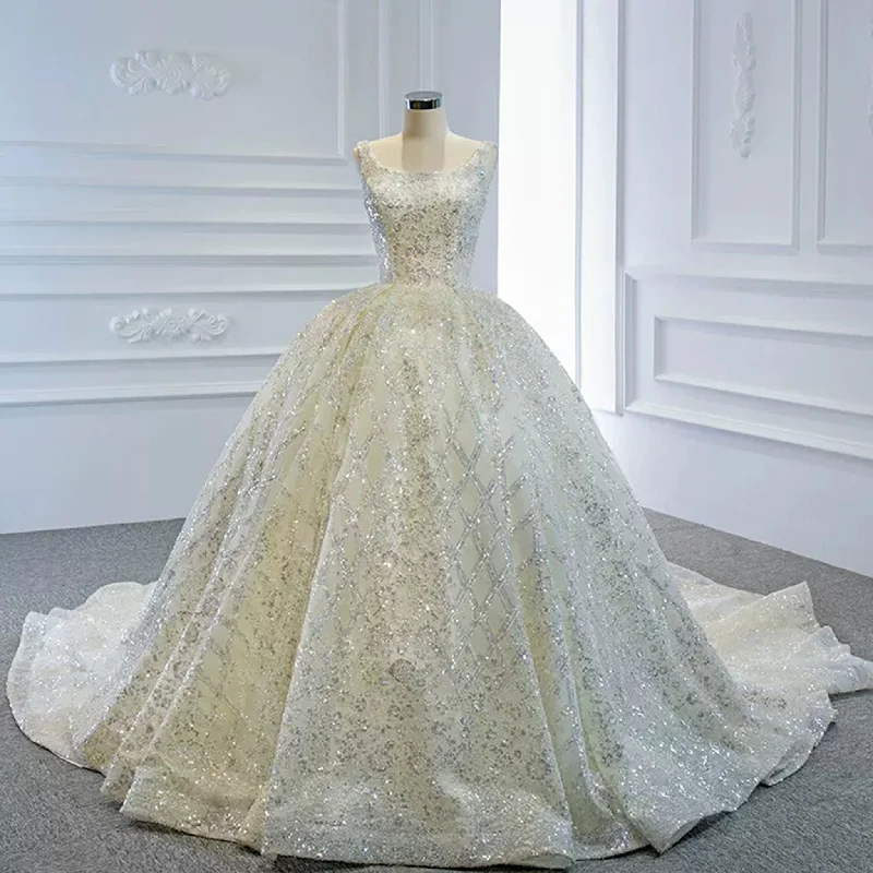 Limited - Stock Ball Gown Square Neckline Sparkly Wedding Dress with Big Train