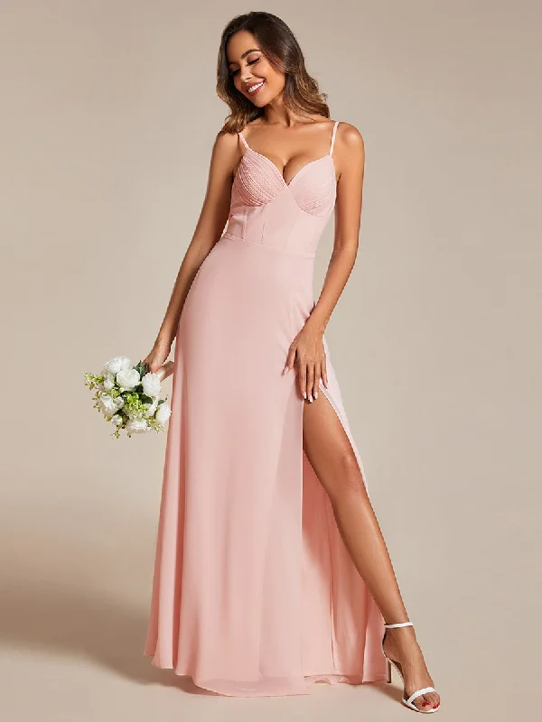 Stylish Looks Chiffon Spaghetti Strap Bridesmaid Dress with High Split