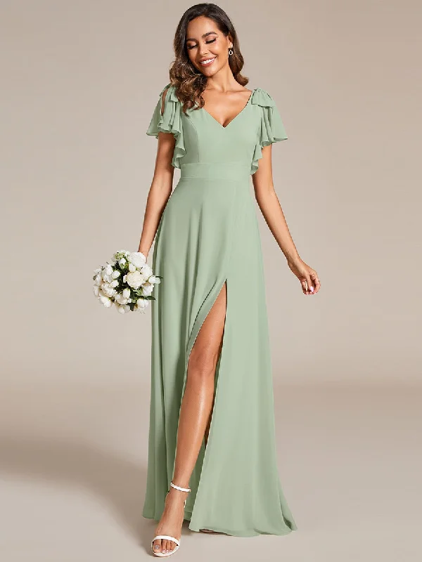 Nordic Minimalist Home Look Split Ruffles Sleeves with Bowknot V-neck Chiffon Bridesmaid Dress