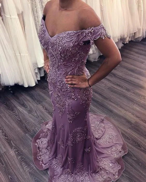 Trend Alert Mermaid Off The Shoulder Evening Dresses Lace Beaded Prom Gowns      cg23018