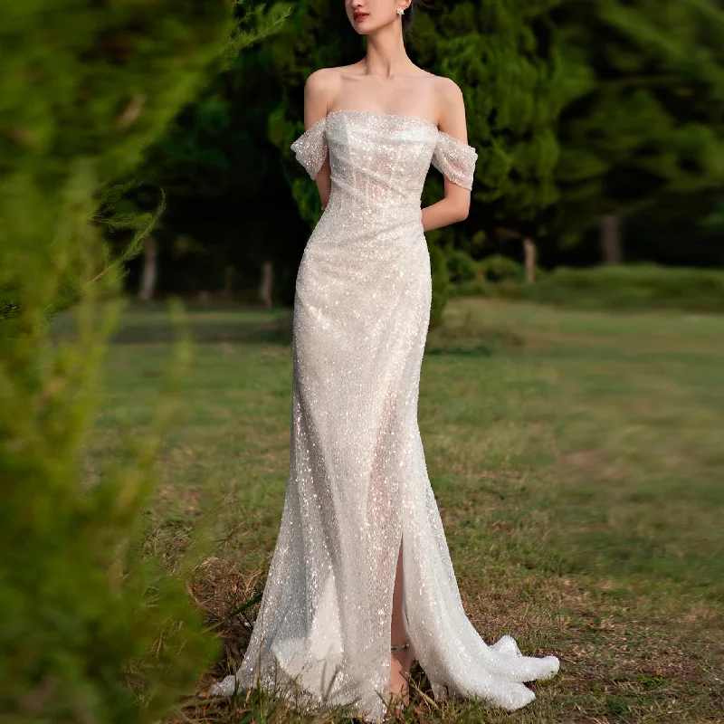 Discounts On Casual Weekend Styles Off the Shoulder Sparkle Wedding Dress with Leg Slit