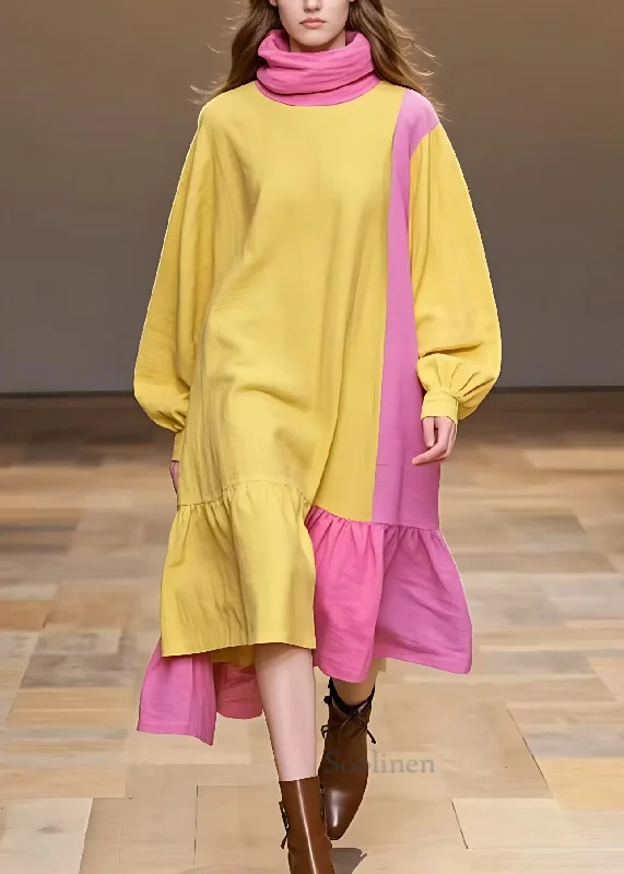 Save On Classic Elegant Styles Elegant Yellow Turtleneck Patchwork Cotton Dress Long Sleeve