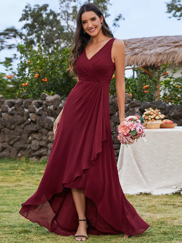 Anniversary Sale Elegant Midi Length Chiffon Bridesmaid Dresses with Asymmetrical Ruffles Hem