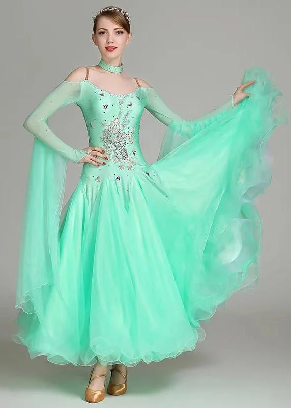 Wardrobe Upgrade Fitted Light Green Zircon Tulle Patchwork Dance Dress Long Sleeve