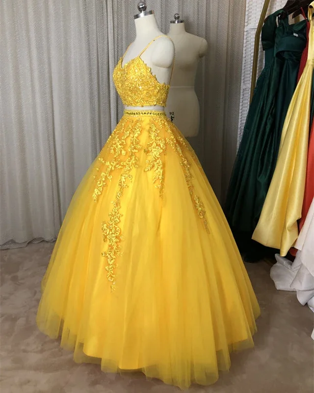 Spring Fashion Beautiful Yellow Tulle Sweet 16 Dresses, Ball Gown 2 Pieces Evening Dress, Formal Dress prom dress evening dress    cg22266