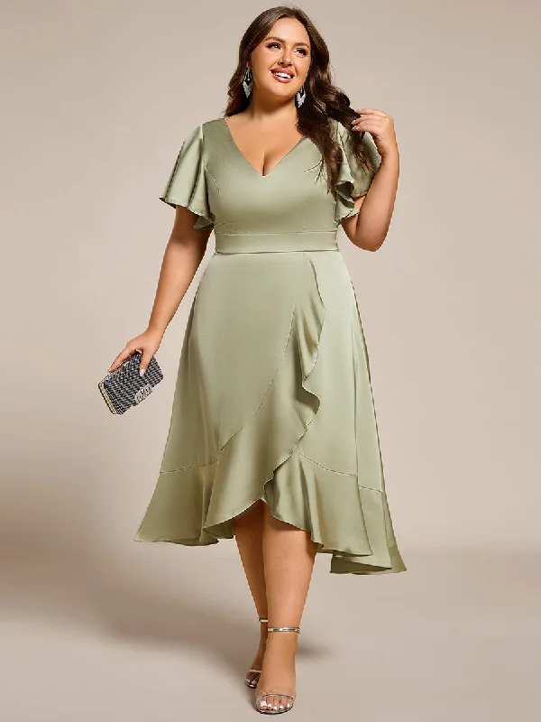 Wardrobe Update Elegant Ruffles Sleeve Midi Length Satin Bridesmaid Dresses with Regular Fold Stream Asymmetrical Hem