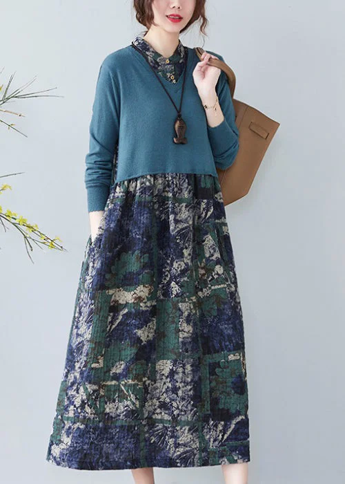 Big Savings On Rustic Countryside Styles Elegant Blue Stand Collar Button Patchwork Long Dresses Long Sleeve