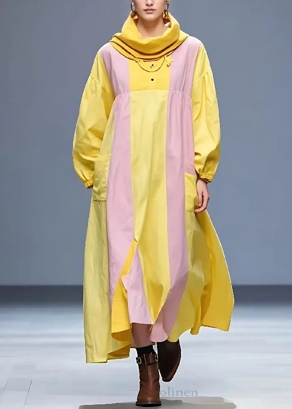 Limited - Edition Drops Art Yellow Pockets Patchwork Cotton Long Dresses Long Sleeve