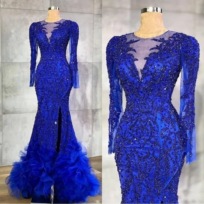 First Order Discount long prom dress Luxury Royal Blue Evening Dresses Beaded Crystals Sheer Neck Mermaid Arabic Aso Ebi Party Gowns   cg20641