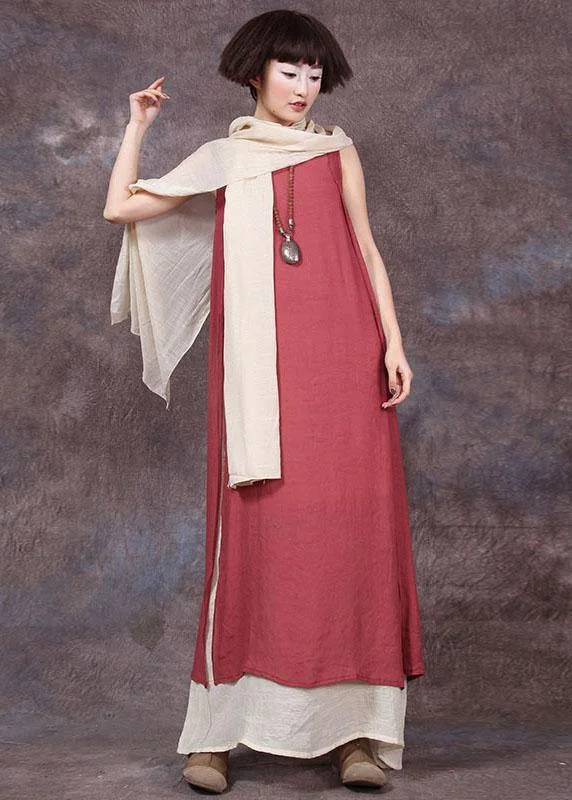 Exclusive Sale DIY red sleeveless linen clothes For Women false two pieces Maxi summer Dresses