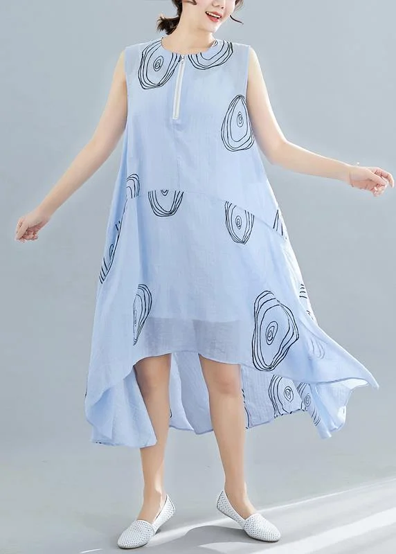 Grab Romantic Date - Night Styles Now Elegant light blue print cotton dress sleeveless low high design loose summer Dresses