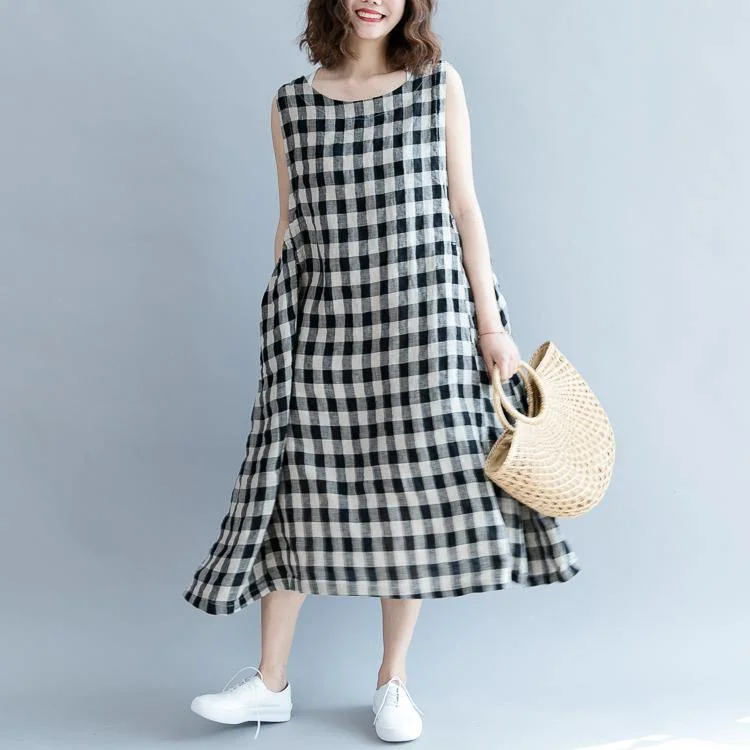 Update With Cottagecore Styles 2024 black Plaid linen cotton shift dresses fine Sleeveless baggy dresses O neck Cinched cotton dress