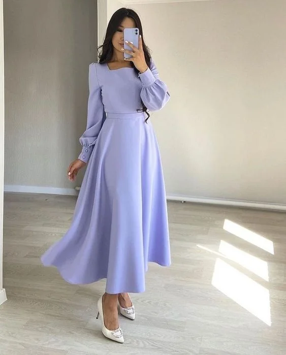 Big Savings On Minimalist Office Styles Simple Stretch Satin A Line Evening Dresses Women Long Sleeve Square Neck Modest Ankle Length Formal Gowns Y4856