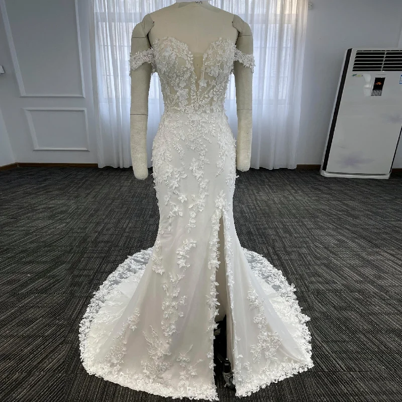 Fashionista Favorites Mermaid Sheer Lace Off Shoulder Wedding Dress With Slit