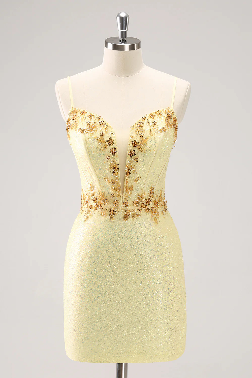 Feminine Soft - Hued Styles Amzcw Sparkly Yellow Bodycon Corset Short Homecoming Dress with Beading