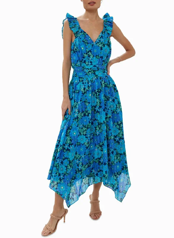 Y2K Nostalgic Fashion Look Greta Midi Dress In Tropical Blue Retro Floral