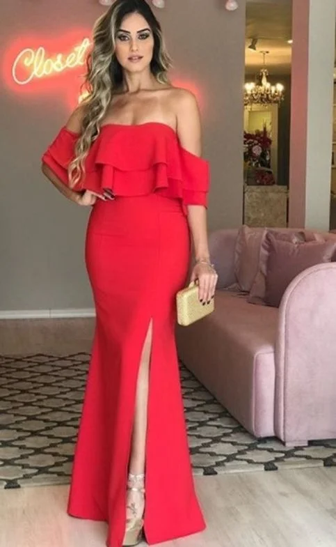 Fashion Forward Red Mermaid Prom Dresses Strapless Off the Shoulder Side Slit Evening Formal Gowns cg5264