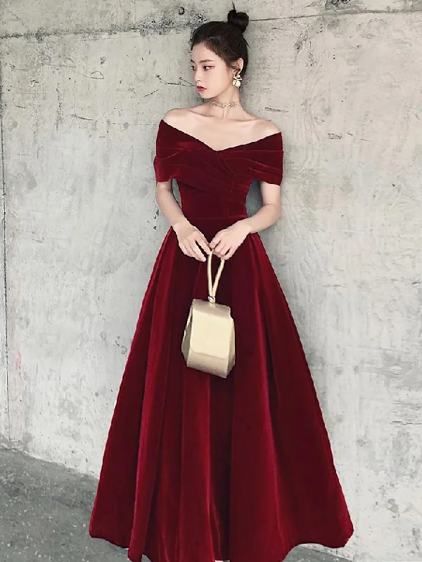 Wardrobe Refresh Elegant Velvet Burgundy Long Party prom Dress, A-Line Evening Gown   cg13133