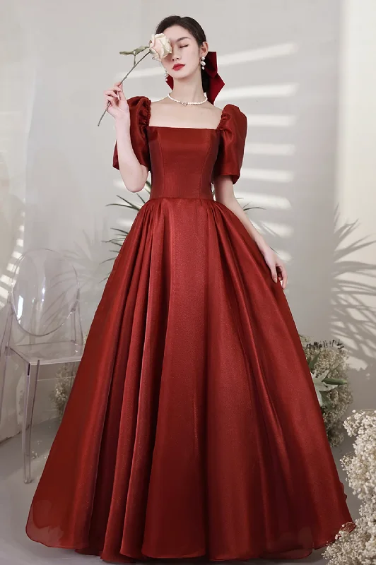 Lighten Up With Nordic Styles Burgundy Satin Long Prom Dresses, A-Line Short Sleeve Evening Dresses Y1170