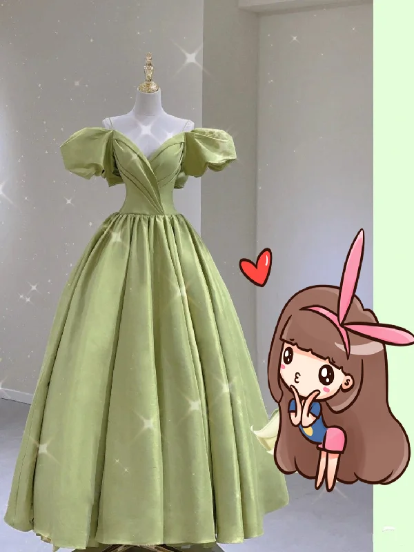 Limited-Time Offer Green Satin Long Prom Dress With Puff Sleeves,Green Evening Dress ,Y2458