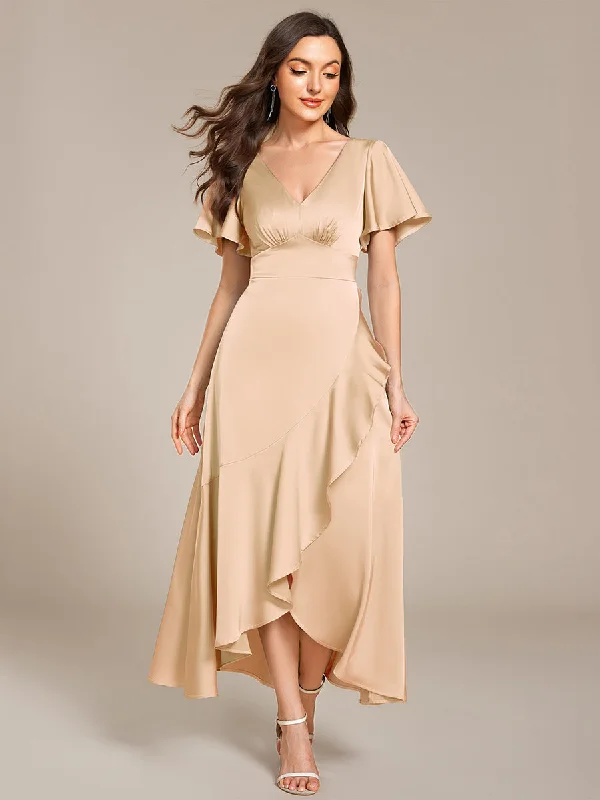 Summer Essentials Short Sleeve Ruffled V-Neck Asymmetrical Hem Midi Bridesmaid Dress