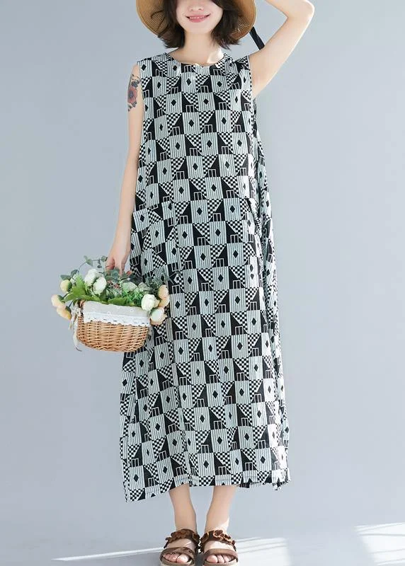 Spring Wardrobe Organic black Geometric cotton o neck sleeveless long summer Dresses